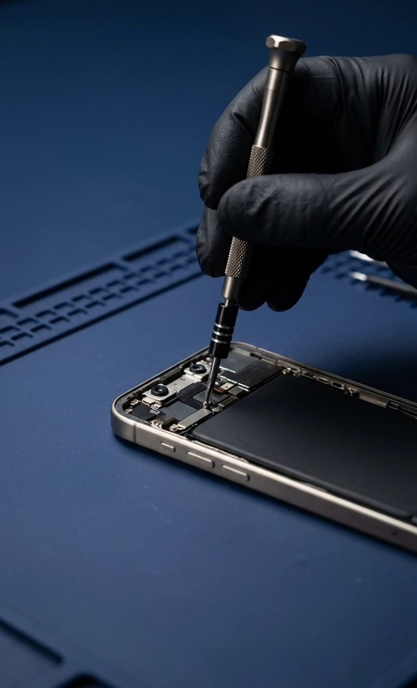 Démontage d'un iPhone sur tapis antistatique, gants nitrile