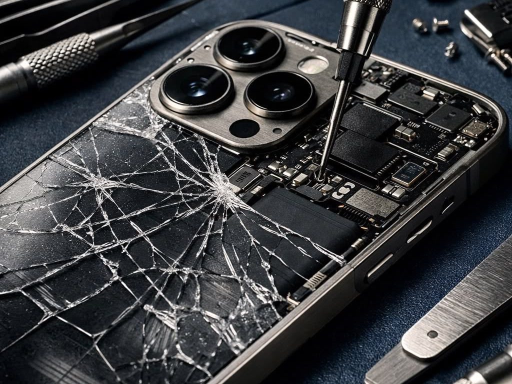 iPhone Pro à l'écran fissuré, intervention au tournevis de précision sur la carte